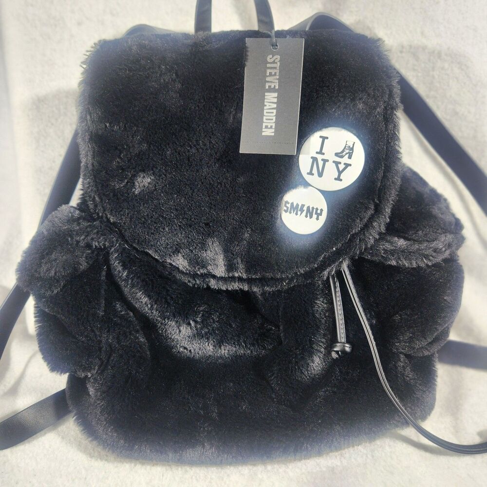 Steven Madden Black Soft Fur Backpack Purse Black New York Bag NWT